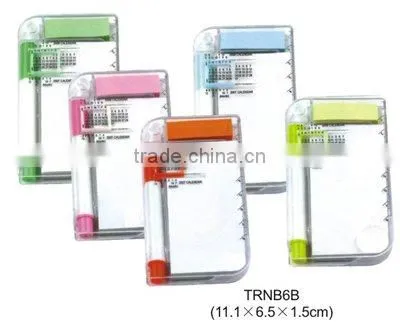 Multi-functional plastic notebook with calendar, ball pen and magnifier