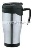 450ml stainless steel inner plastic outer steel vacuum cup/auto mug/Travel mugs/coffee cup with handle and lid