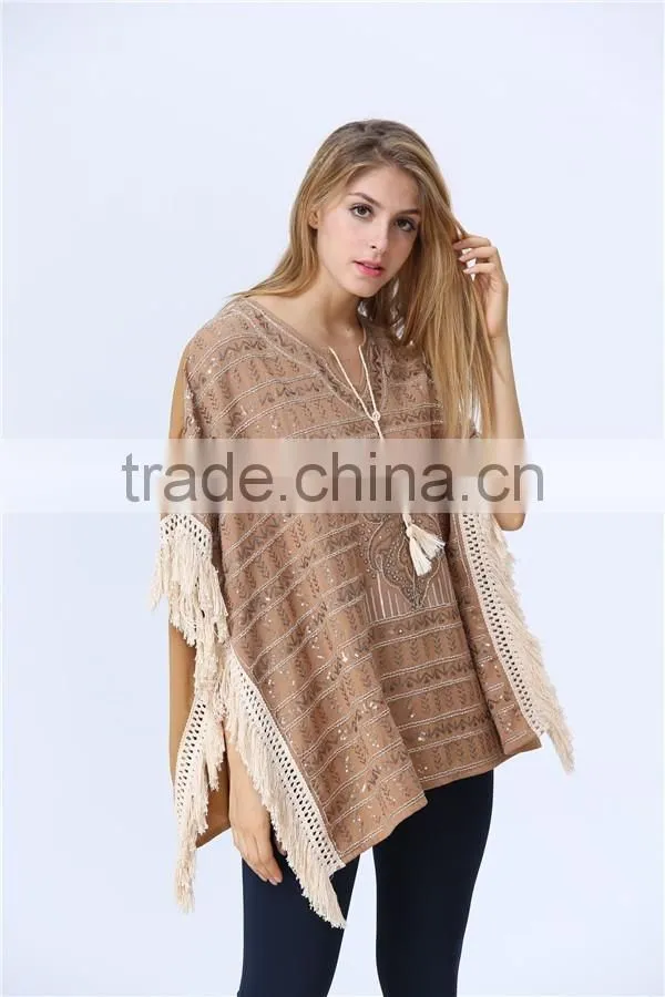 New Arrival Ladies Fashion Design Elegant Winter/Autumn Tan Colour Dolman/ Cape/Shawl Coat With Fringing and Beading for women