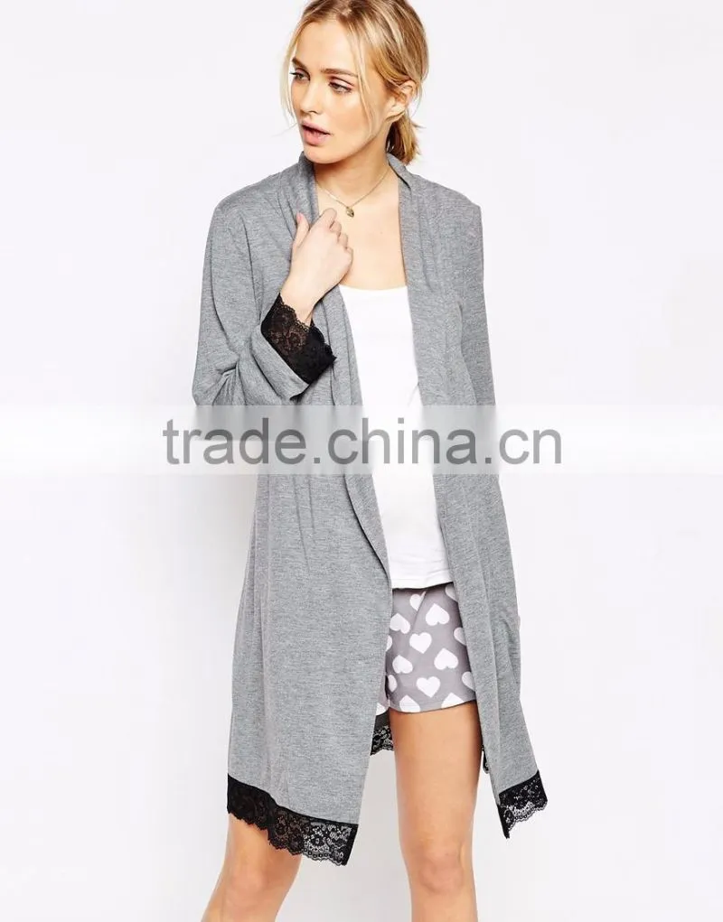 Regular fit long sleeve jersey sleeping robe for women,maternity lace trims robe 2016