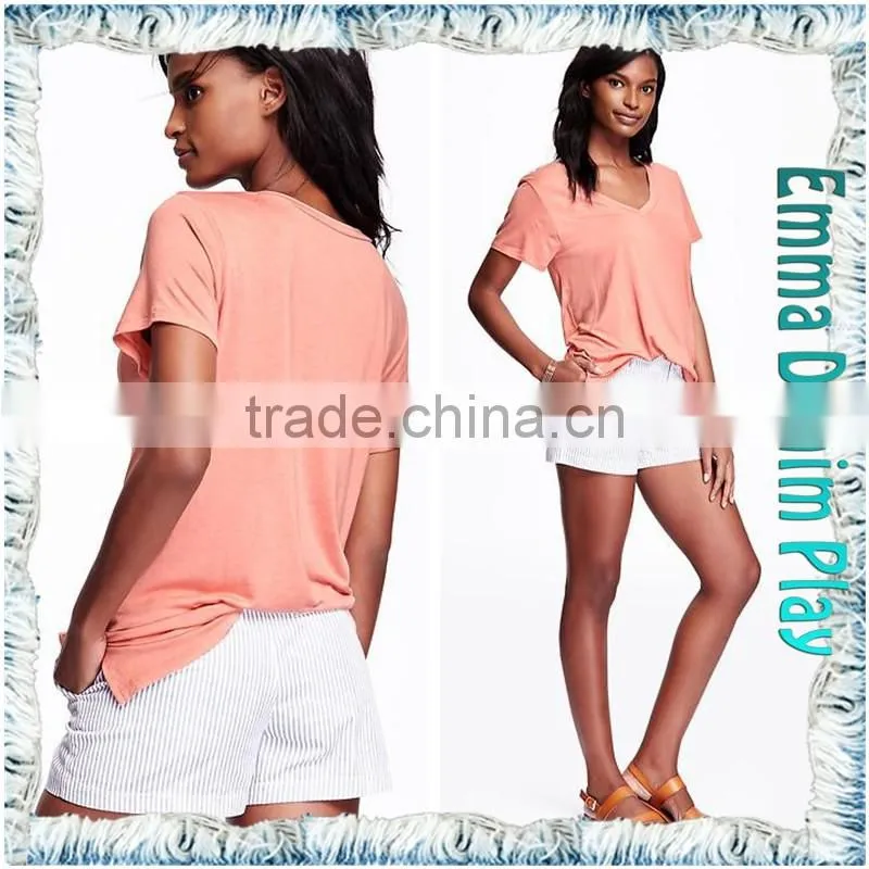 Customized Sketch Girl's Sexy Colorfast Dyeing Slub Knit Cotton Heart Deep V Neck T Shirts