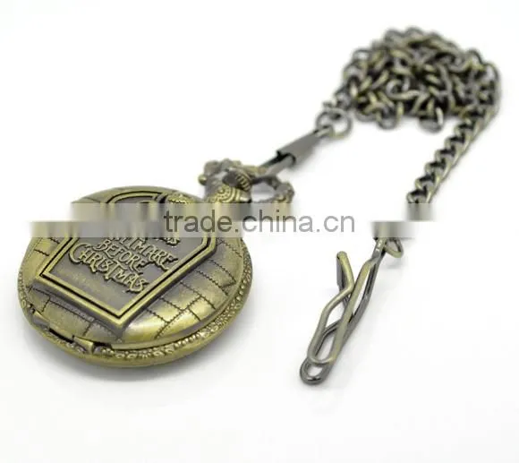 Vintage Antique Bronze Halloween Skull& Bat Pattern Carved Quartz Pocket Watch(Battery Included)
