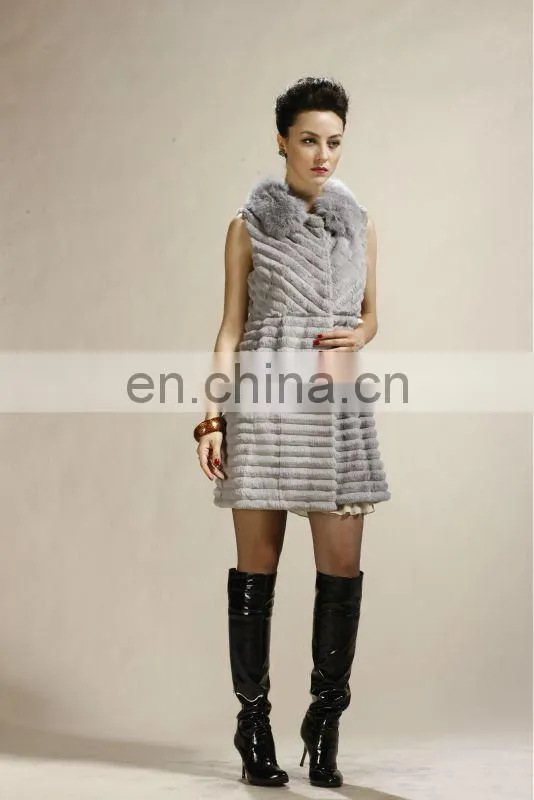 Rabbit Fur Sleeveless Long Coat With Fox Fur Collar New Fashion Women Coat STY.NO. D038#
