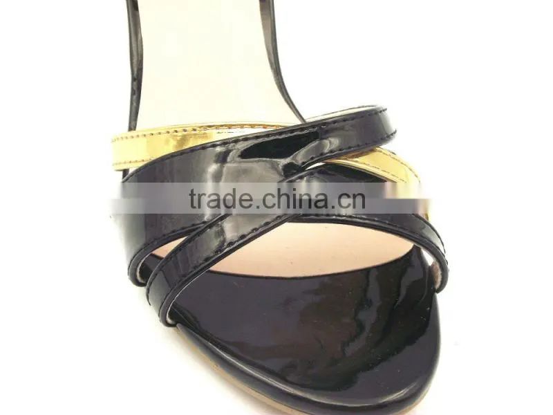 color matching thick heel italian leather Middle heel sandals ladies gold with black