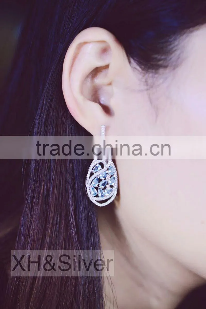 New style leaf shape sapphire gemstone silver jewelry earrings