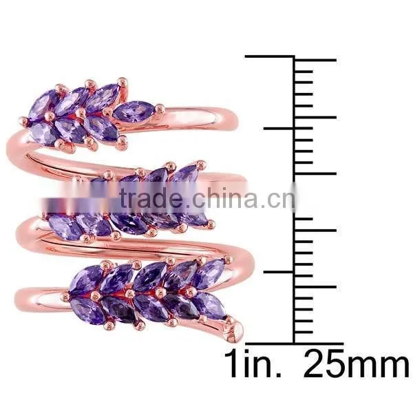 Rose Plated Silver Cubic Zirconia 3 Flower Long Finger Adjustable Ring
