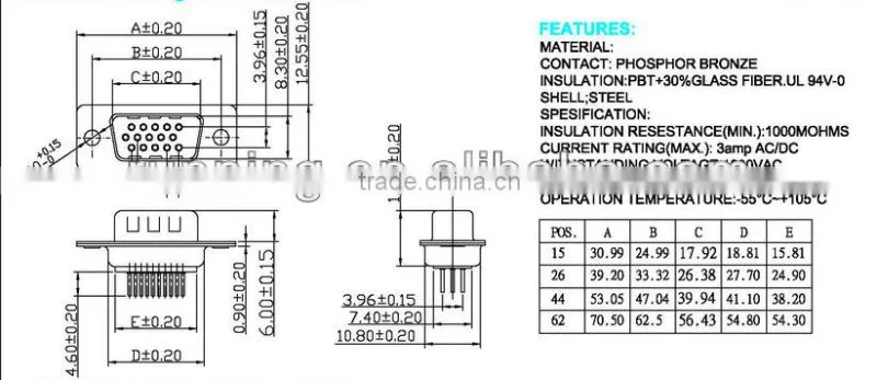 High Density PCB Straight Male Plug D-SUB Connector