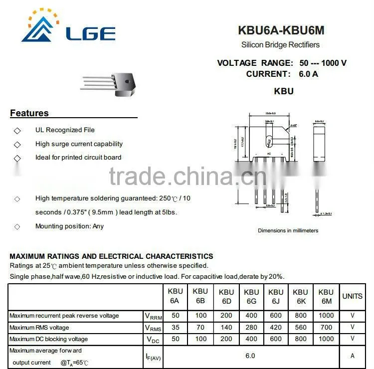 UL verified KBU Bridge Rectifiers KBU607 KBU6M