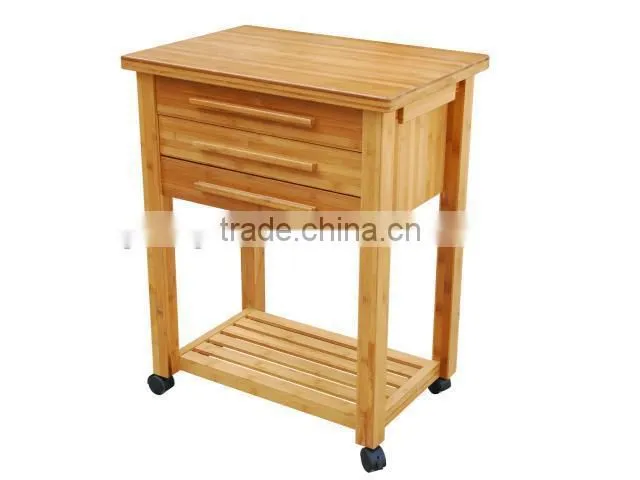 Bamboo Kitchen Serving Trolley Service Cart with Food Keeping Drawers and Casters Wheels for Sale