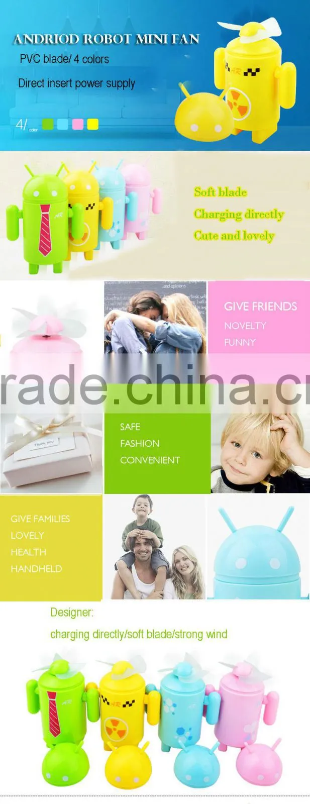 Cartoon design plastic portable 12v dc electric charge fan toys for kids