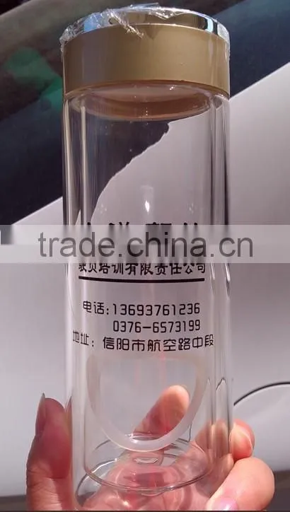 2016 new design double wall glass bottles tea infuser water bottle with PP lid