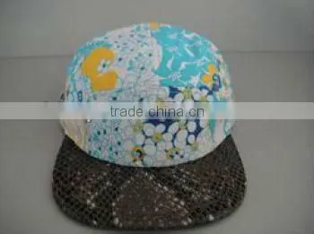 Custom blank snakeskin leather brim floral print pattern 5 panel hat