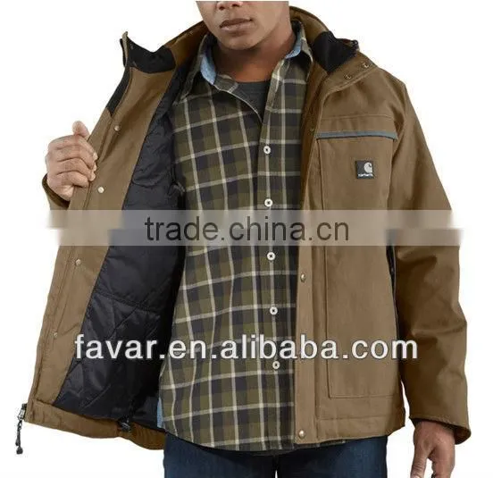 Men Black Casual Canvas Quilted Outdoor Hooded Jacket Workwear