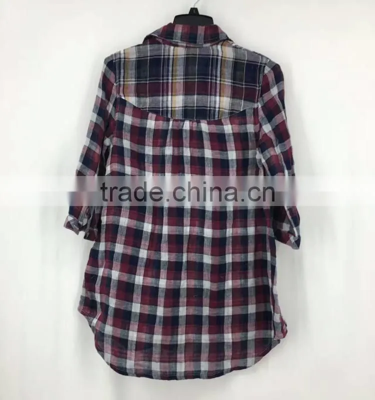 Women garment stock lot high quality cotton plaid shirt