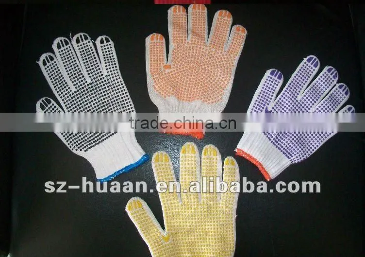 2012 hot sales PVC dotted cotton gloves/anti-slip cotton glove /String Knit Gloves with Dots/yellow,red,blue,black