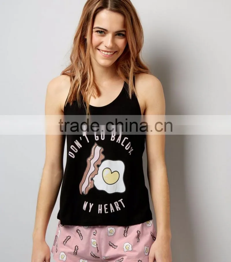 Sleeveless Women Pyjama Set 100% Cotton Playsuit Printed All over Bacon Vest and Egg Print Shorts