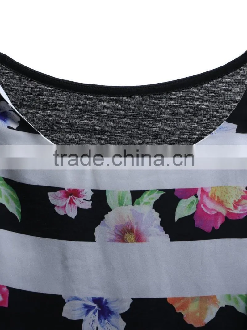 Women's Knitted Woven Combined Stripe Printing Short Sleeve Loose T Shirt Wholesale