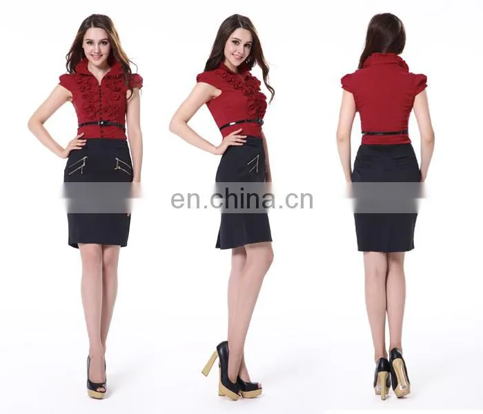 2015 Good Quality Short Sleeve Mature Women Red Shirts