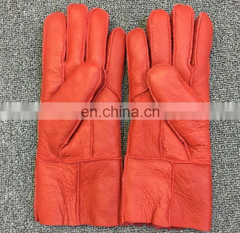 High quality fur-lined winter genuine sheepskin leather gloves for women