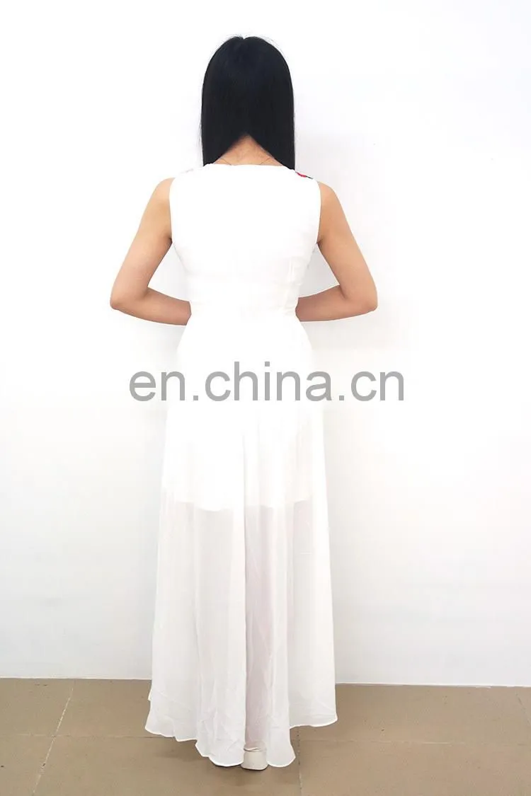 China Alibaba silk sleeveless deep v neck white embroidery women casual dresses