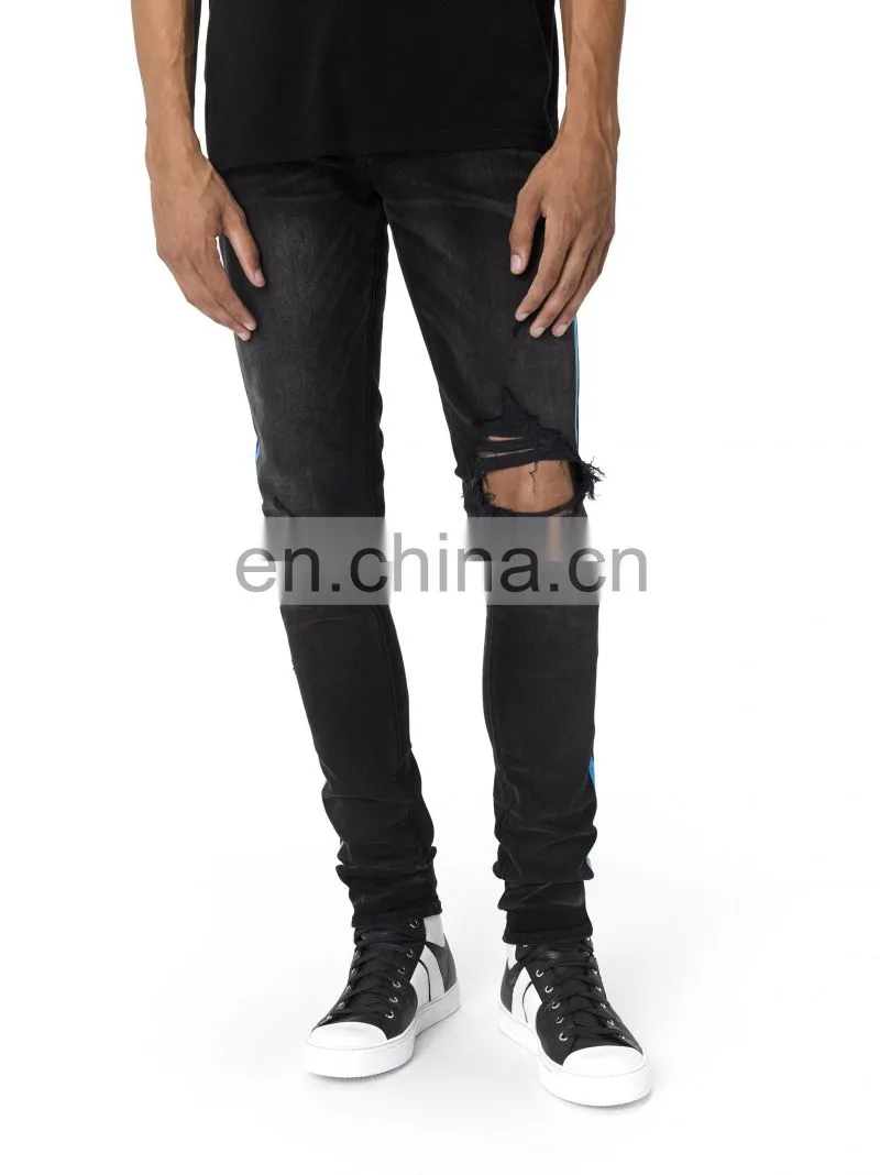 DiZNEW BROKEN TRACK BRANDED STRETCH BLACK JEANS MEN WITH BLUE SIDE