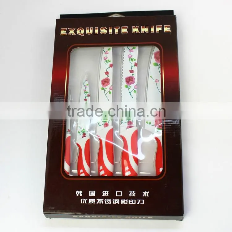 Rose printing multi colorful kitchen knife set