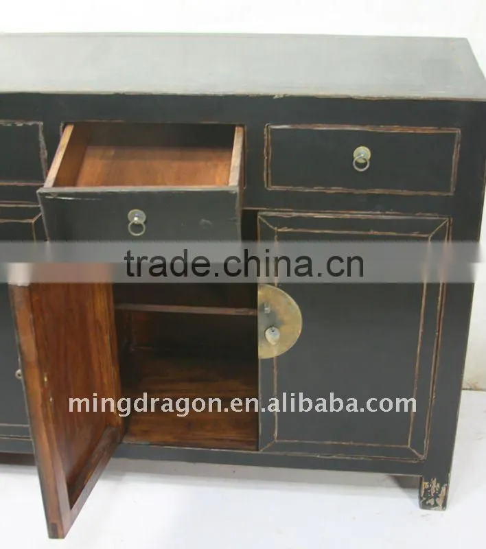 Chinese Antique Style Jilin Black Four Door Four Drawer Cabinet