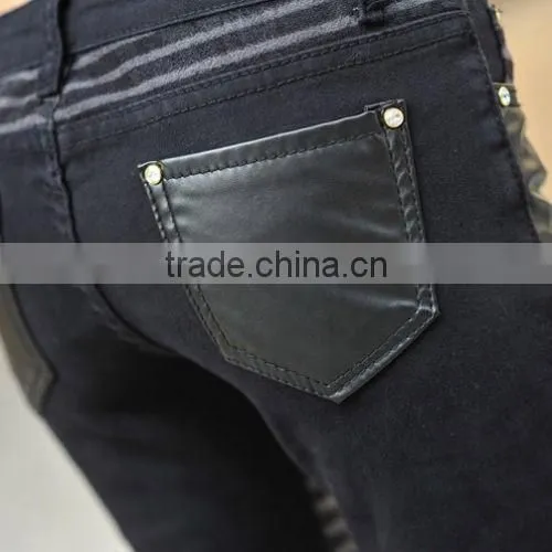 Sexy Women's Jeans Leather Detail Skinny Stretch Fashion Casual Pants Denim