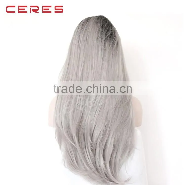 lace front black to grey ombre wig long wavy high temperature synthetic wig