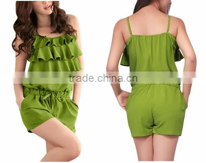 Women Tiered Ruffled Upper Adjustable Straps Drawstring Waist Romper/women wholesale casual dresses 2015 direct factory
