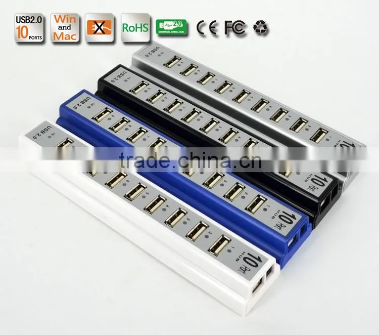 Wholesale Durable 10 Port Hi-Speed USB 2.0 Hub Splitter US Adapter AC Power For PC Laptop 3 Colors