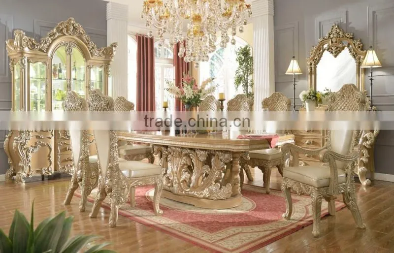 Ivory White Antique European Style Royal Hand Carved 8 Persons Long Dining Table With Matching Side Chair(MOQ=1 SET)