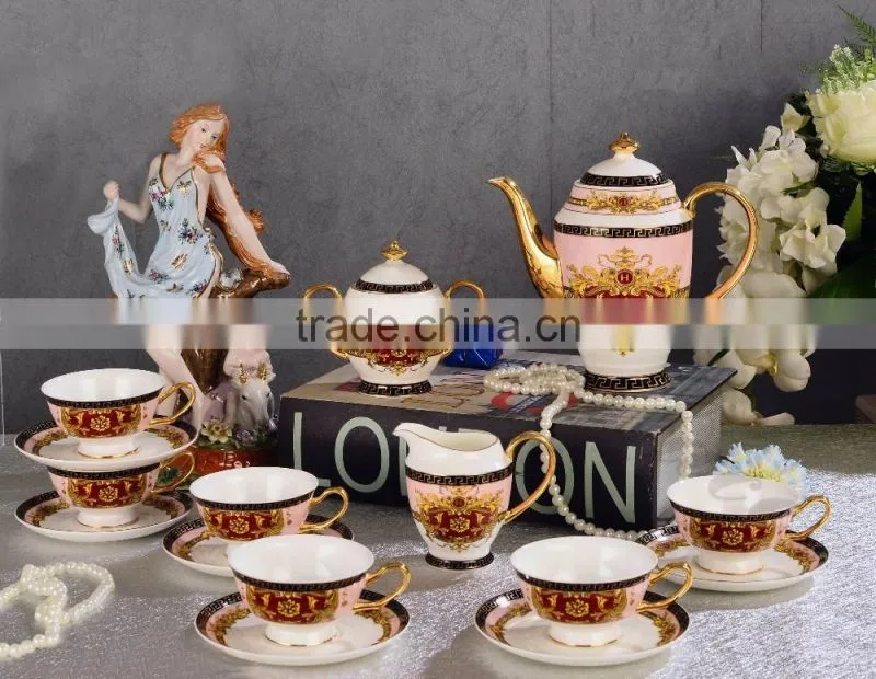 Neo design graceful pink color floral painting bone china 15pcs tea set