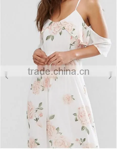 Guangzhou Wholesale Clothing OEM Cold Shoulder Rose Floral Fresh Dresses