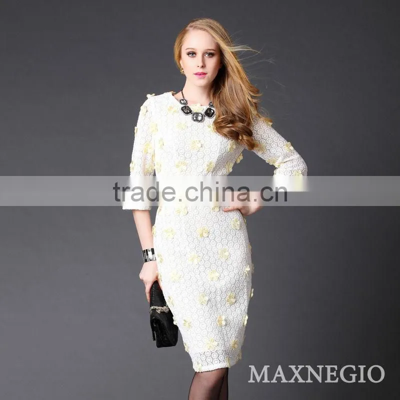 Hot fitting tailor black lace knee length white party dresses with waistband