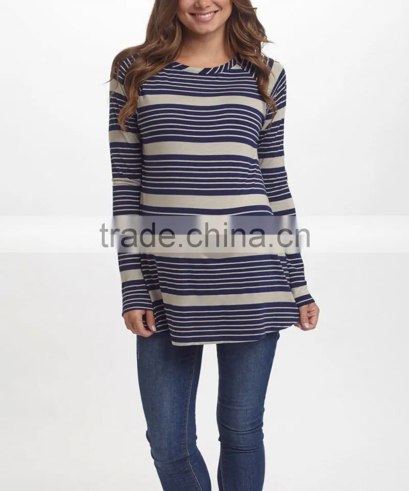 Hot Selling Navy Blue And Taupe Stripe Maternity Tee With Long Sleeve Maternity Tops Women Clothes WT80817-22