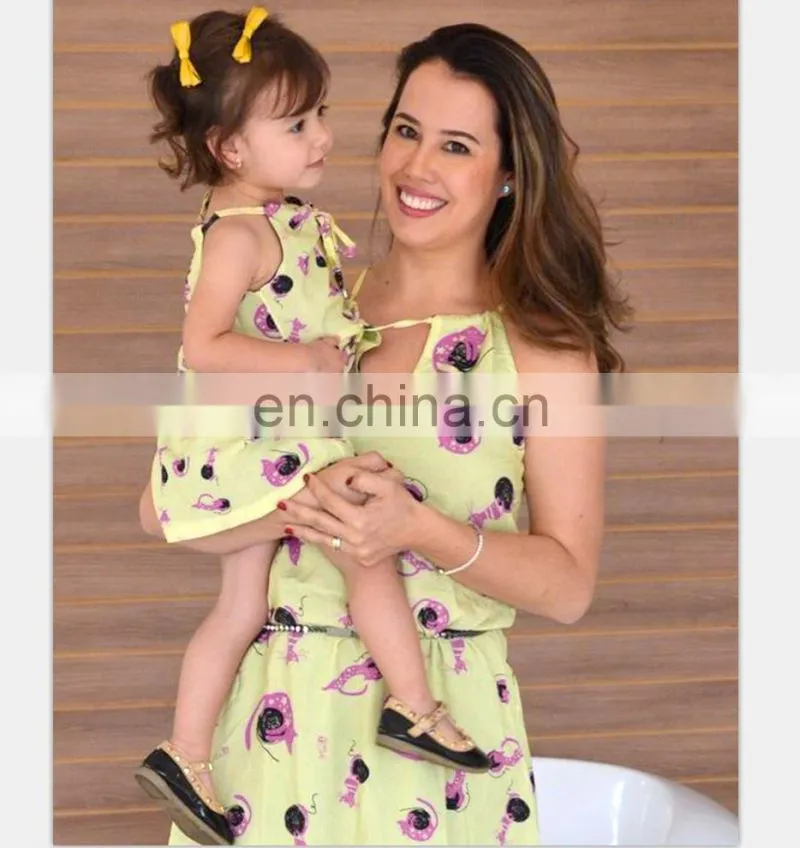 2019 cotton clothing green floral printed baby summer dresses mother daughter matching dresses