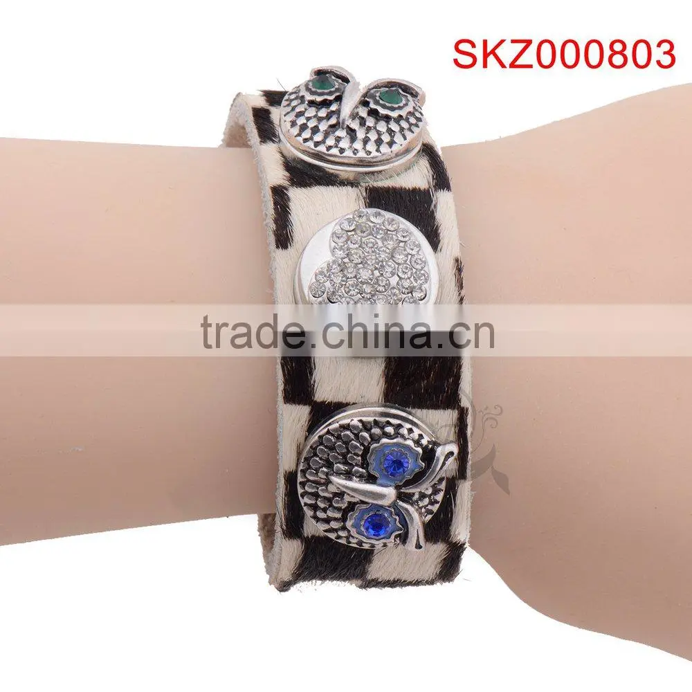 2015 new products leather snap botton owl bracelet