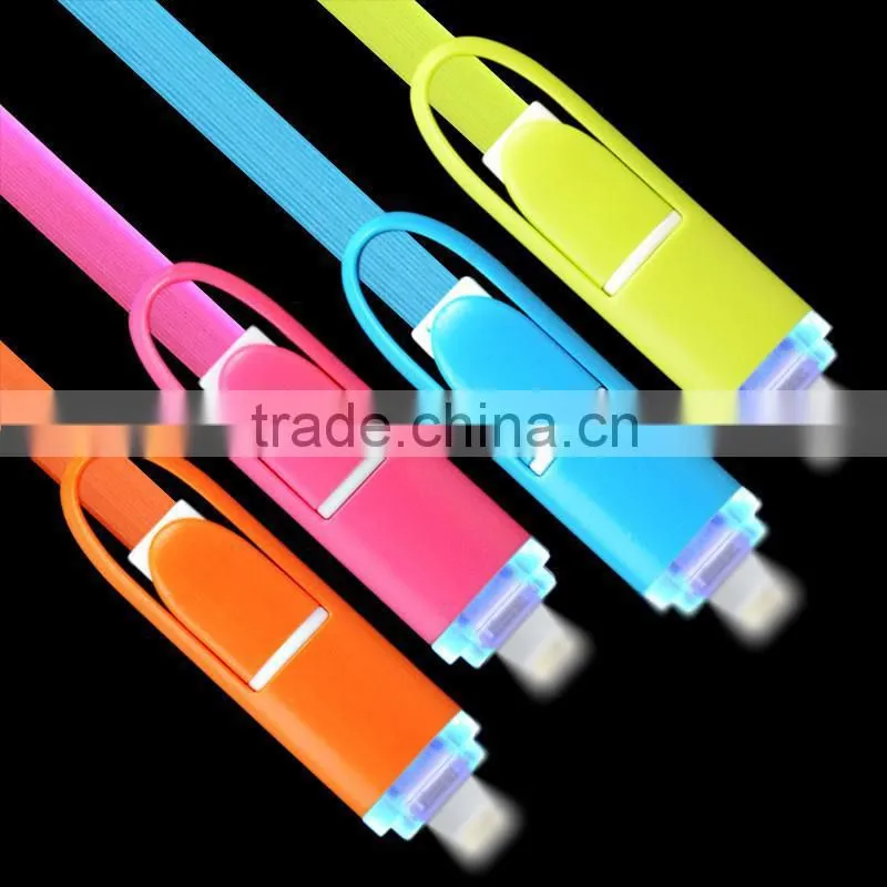 Hot selling Multi-function colorful flat 2 in 1 mobilephone usb data charging cable