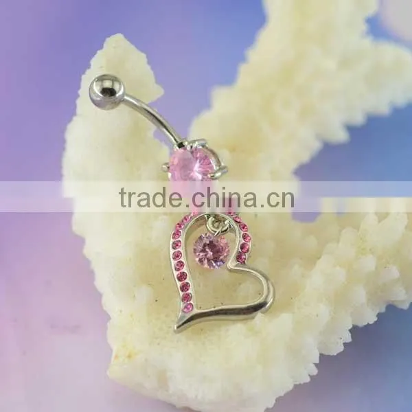 Newest promotional pink zircon hanging crystal heart durable navel rings supplies