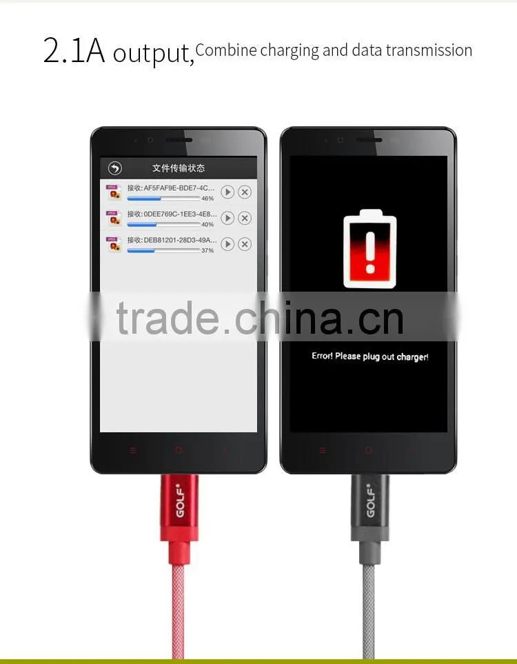 GOLF micro metal silk screen cable for android mobile phone 2.1A durable aluminum charge and data cable for android device