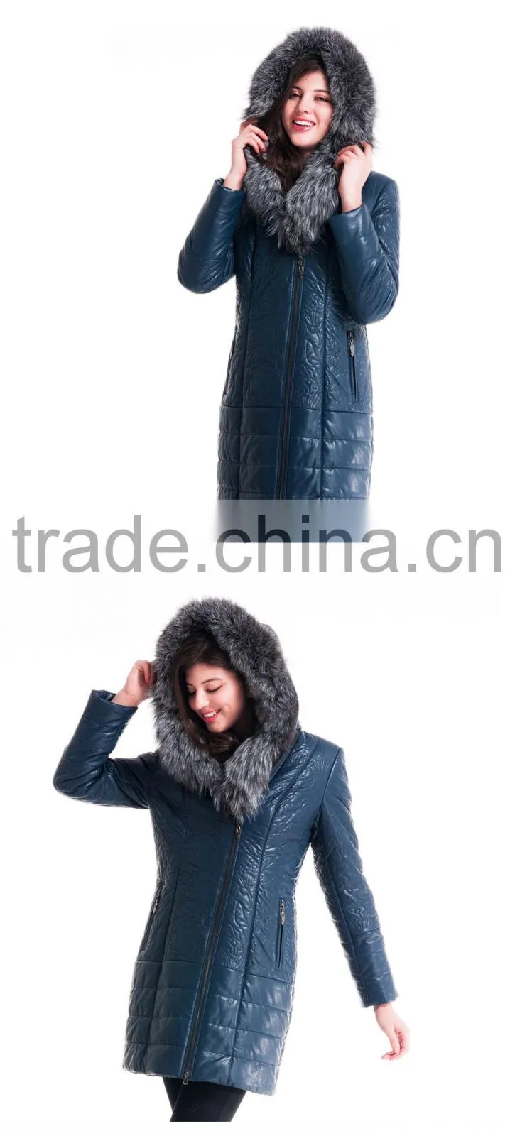 2015 Women Winter Leather Medium Length Slim Fit Coat With Brown Fox Hat Overcoat