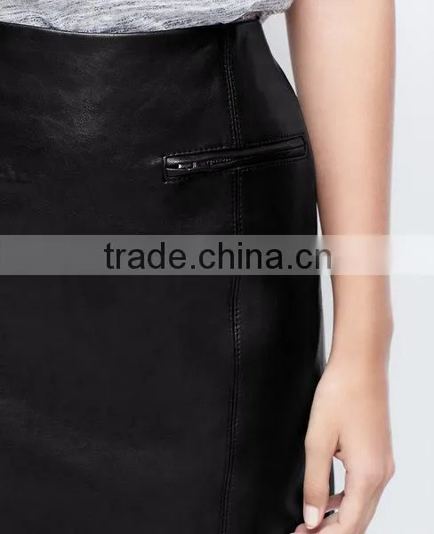 2015 back metal zip mini mature woman leather skirt