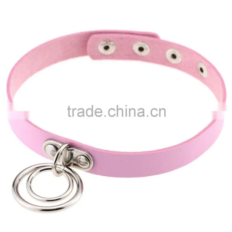 Hot Sale Fashion Sexy Punk Gothic Leather Choker necklace Round Metal Pendant Buckle Collar Anime Necklaces