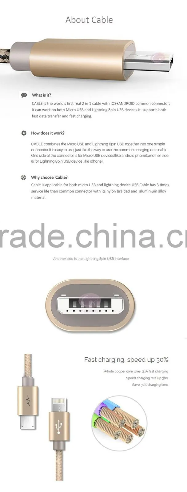 Free sample smart flash charging braided 2 in 1 micro usb cable