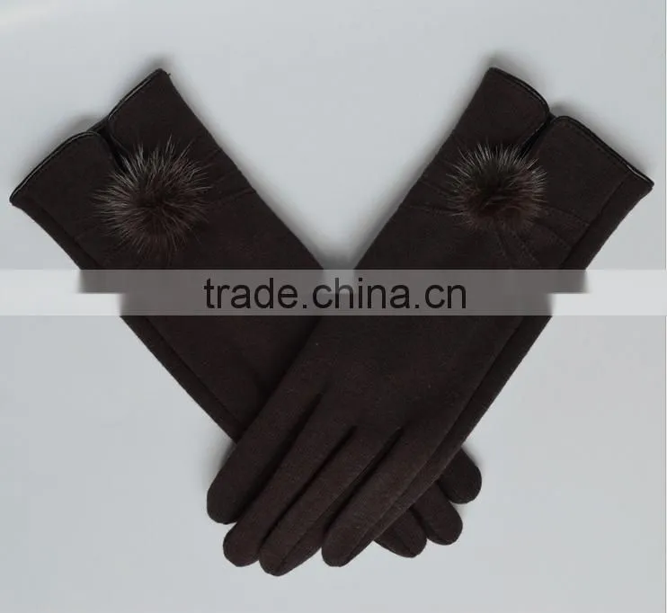 Wholesale Comfortable Winter Girls Rabbit Fur balls Cuff Thick Wool Gloves