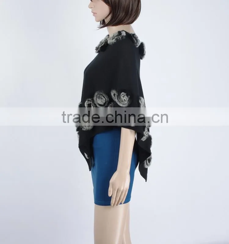 Ladies wool knitting cape with rabbit small flowers,KZ150018