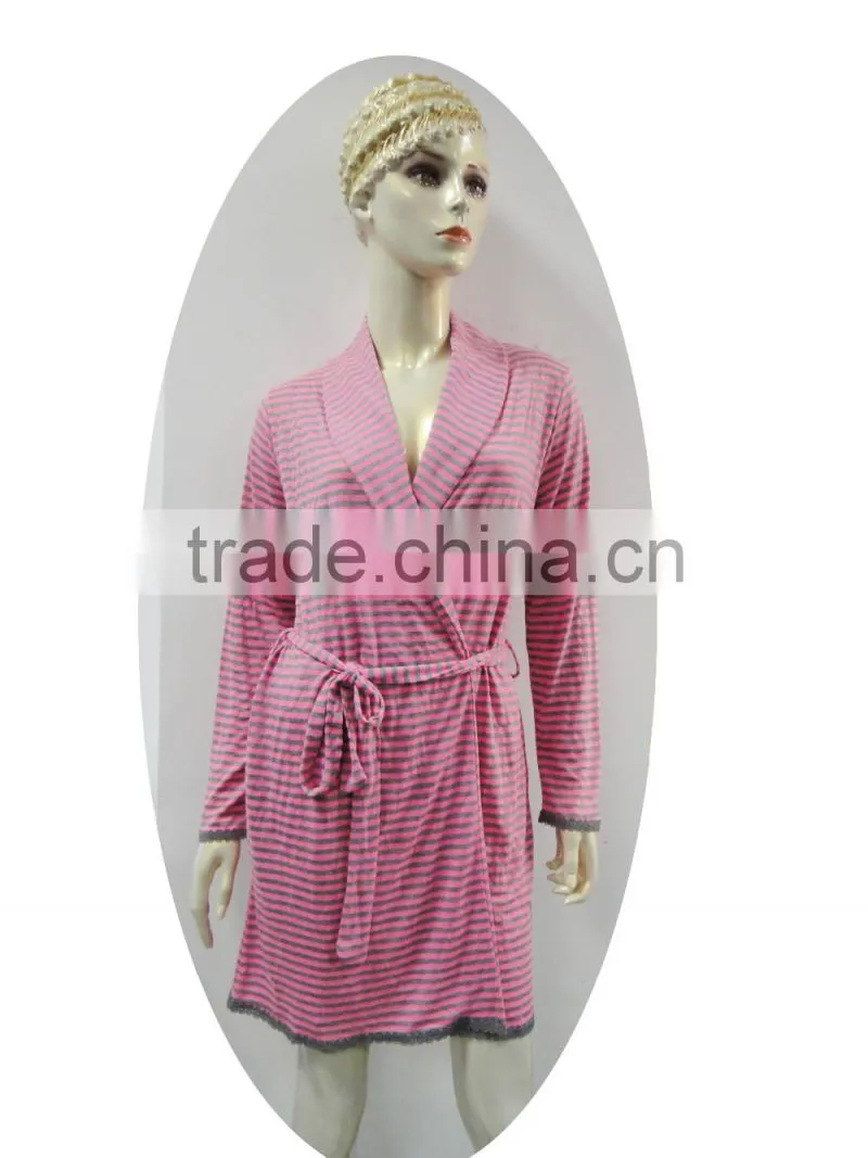 color stripe buckle fastener night-robe with lace trimming