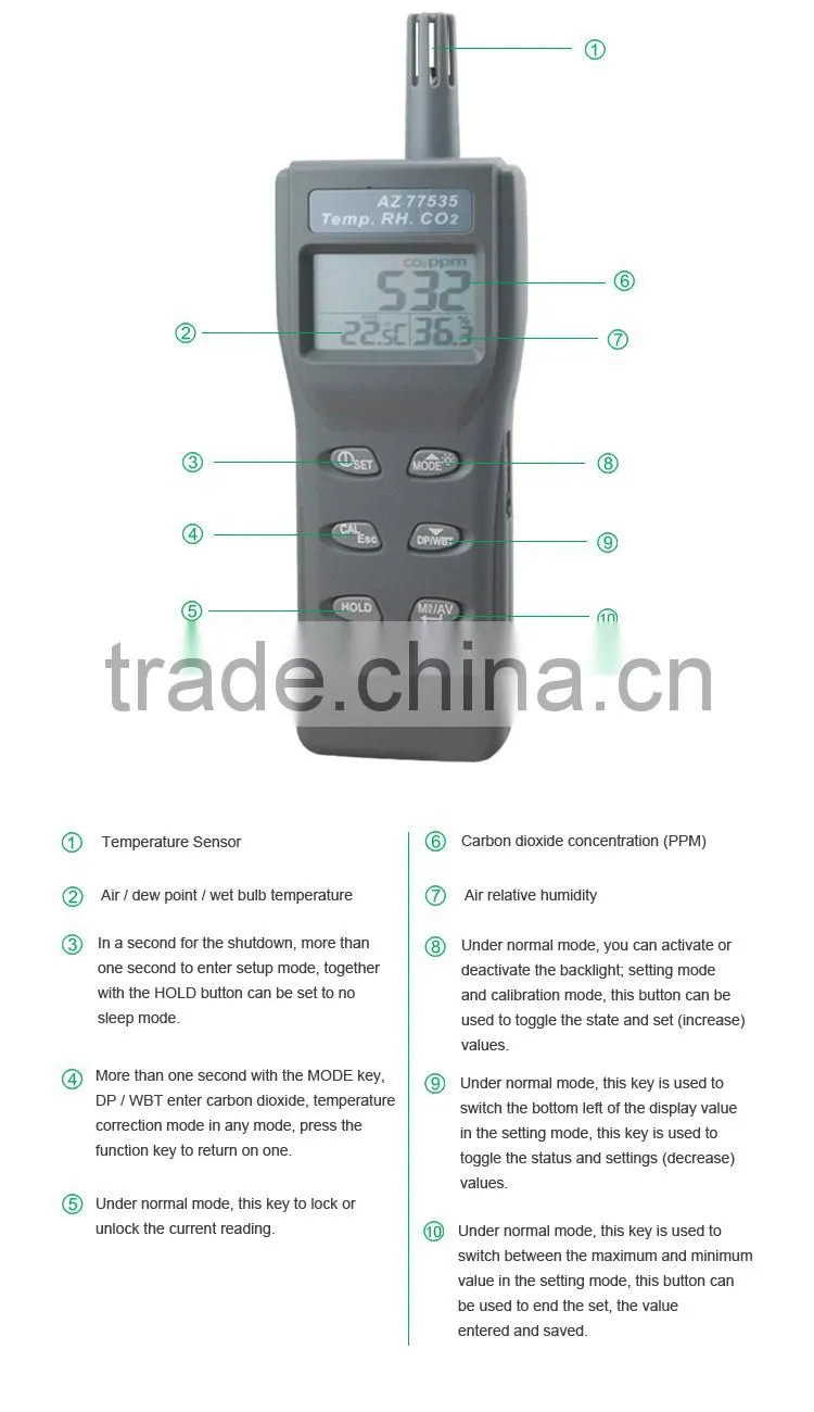 Handheld AZ77535 Temperature Meter RH Detector CO2 Monitor with Alarm Function