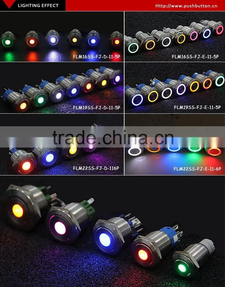 22mm flat round stainless steel 6v white blue red green 3v 5v 6v led light illuminated push button switch with pilot light